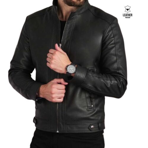 blouson en cuir noir -Pression-