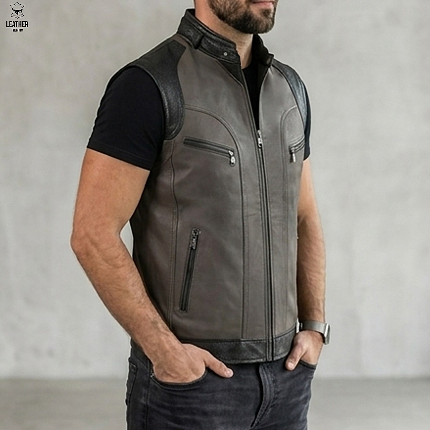 Gilet en cuir Gris pour Hommes ref : CG5520 2 qdsdqsdSQ