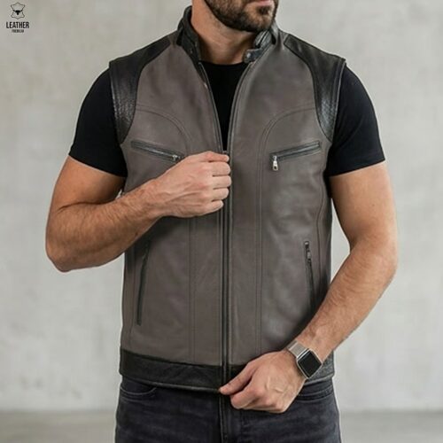 Gilet en cuir Gris pour Hommes ref : CG5520 6 qdsdqsdsqd