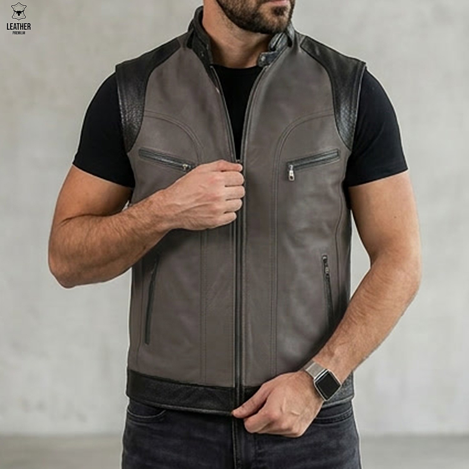 Gilet en cuir Gris pour Hommes ref : CG5520 3 qdsdqsdsqd
