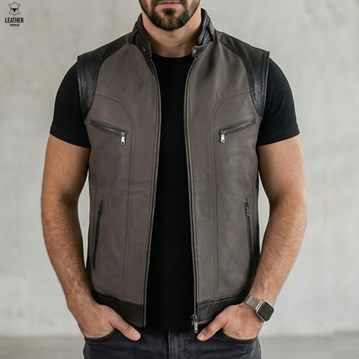 Gilet en cuir Gris pour Hommes ref : CG5520 1 zefzefezf