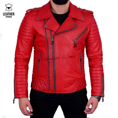 Perfecto en cuir Rouge pour Hommes ref : 22032
