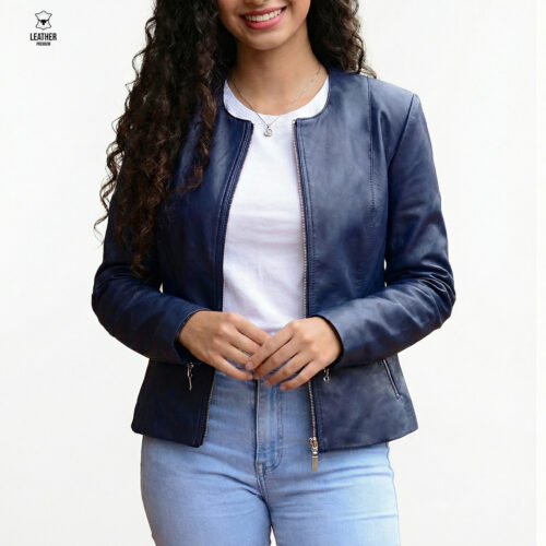 Blouson en cuir Bleu Marine -Kelsee-