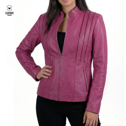 Blouson en cuir rose pour femmes Magenta