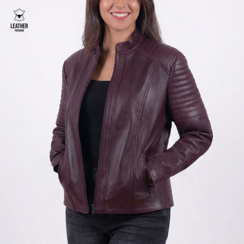 Jacket en cuir Bordeau pour femmes -Pourpre-