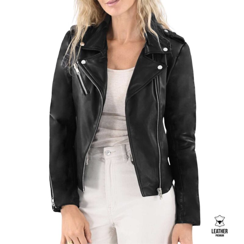 Perfecto en cuir pour Femme -jet black- – photo 1