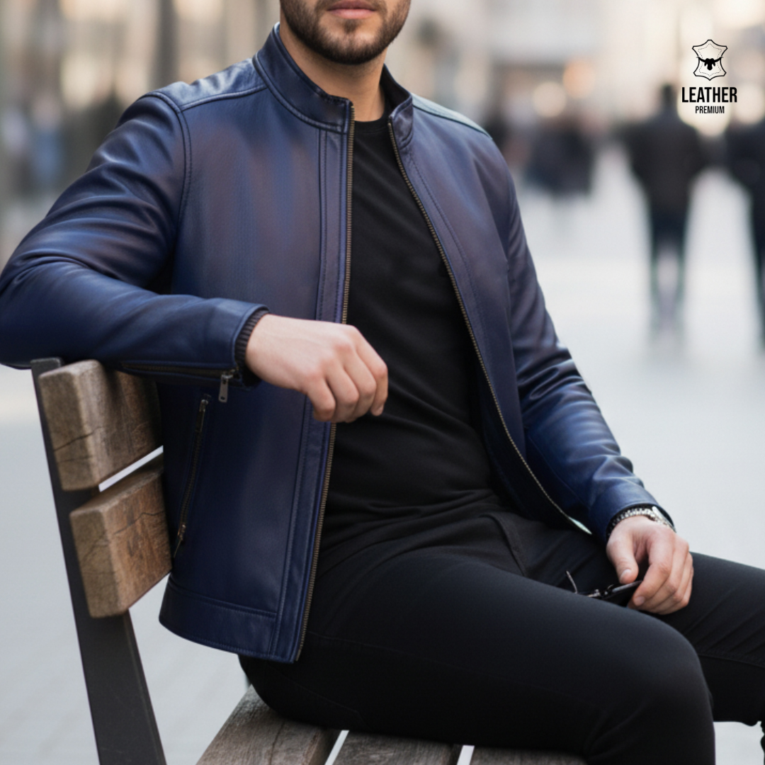 Jacket en cuir Bleu Marine pour Hommes - AZURE - 4 adqsdqsdqs