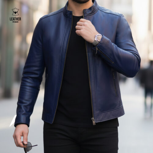 Jacket en cuir Bleu Marine pour Hommes - AZURE -