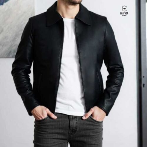 Blouson confort en cuir d'agneau souple Noir