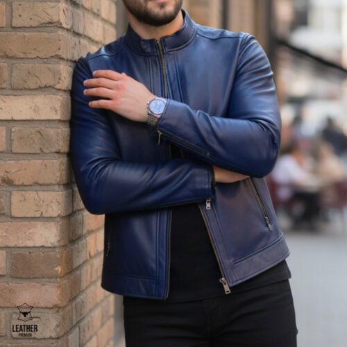 Jacket en cuir Bleu Marine pour Hommes - AZURE - 7 zedzedez