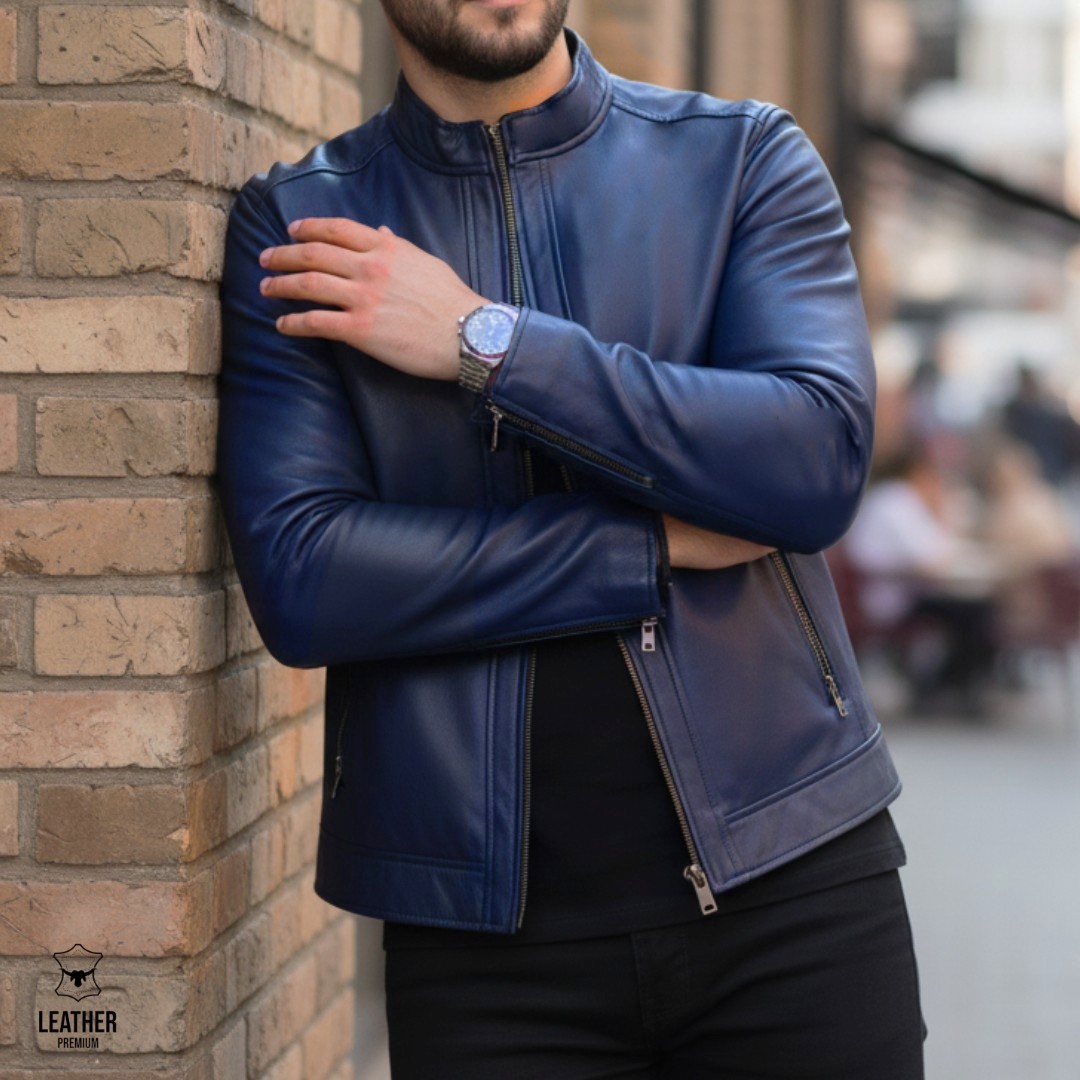 Jacket en cuir Bleu Marine pour Hommes - AZURE - 3 zedzedez