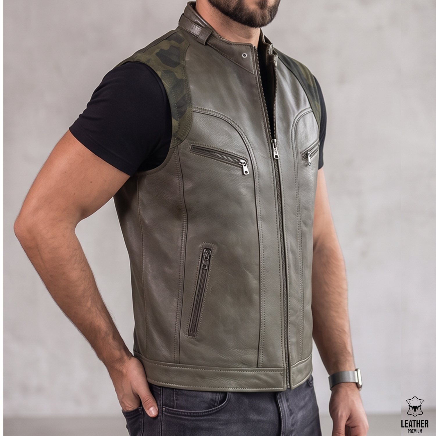 Gilet en cuir vert olive La Tranchée Militaire ref : GVO203 4 aefeaefae