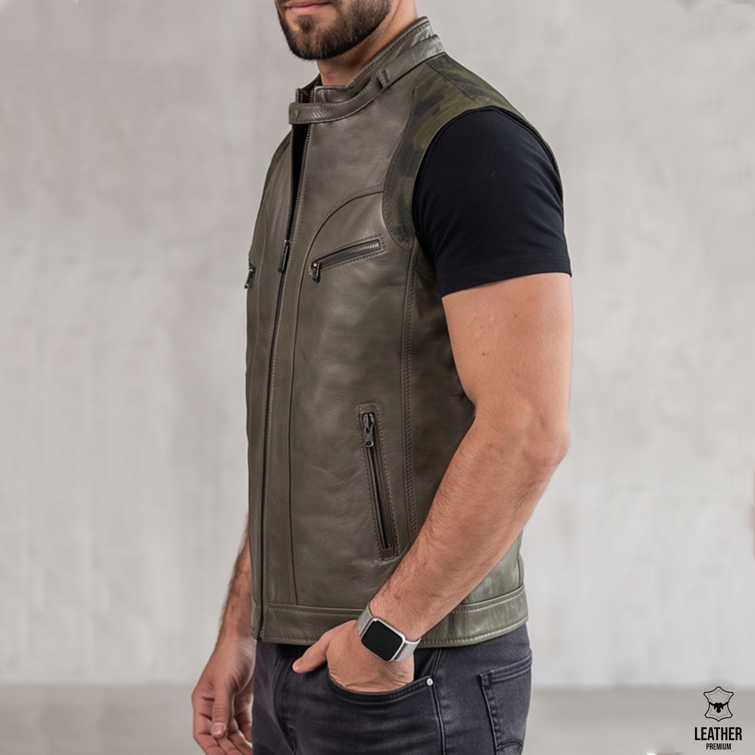 Gilet en cuir vert olive La Tranchée Militaire ref : GVO203 2 aezdazdaz