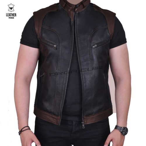 Gilet en cuir noir épaules marron