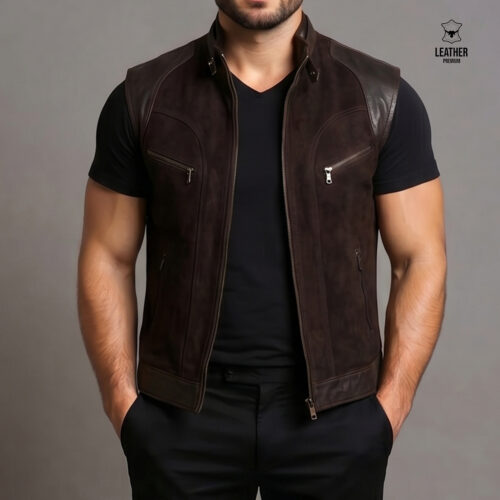 Gilet en cuir Marron foncé pour Hommes