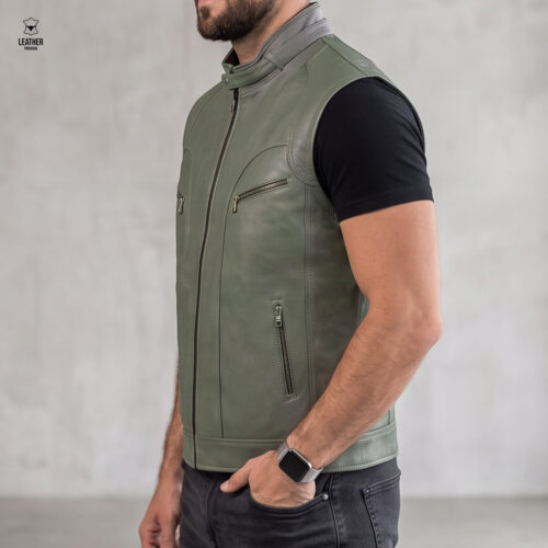 Gilet en cuir vert olive -Agneau- 909 7 efdsfdsfdsf