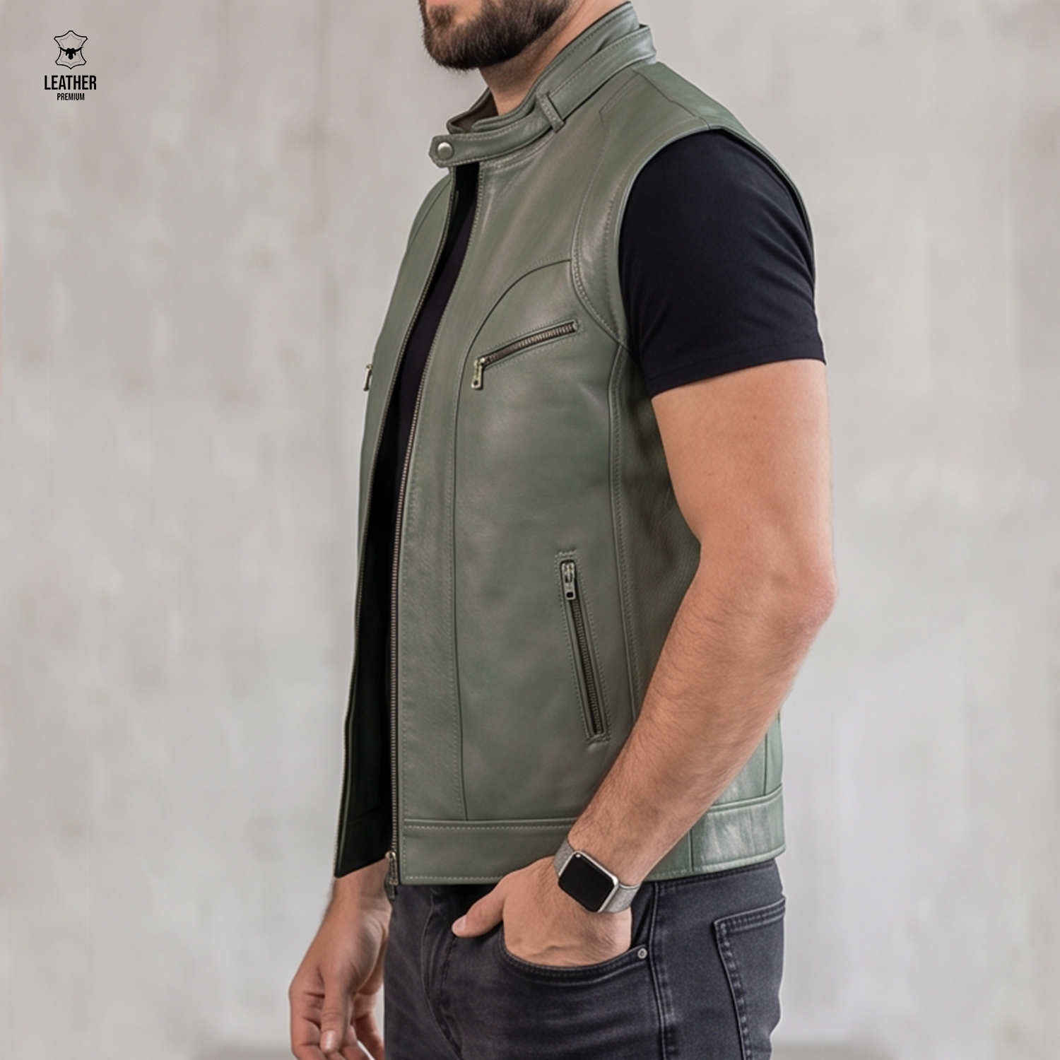 Gilet en cuir vert olive -Agneau- 909 2 ezfzefezzf
