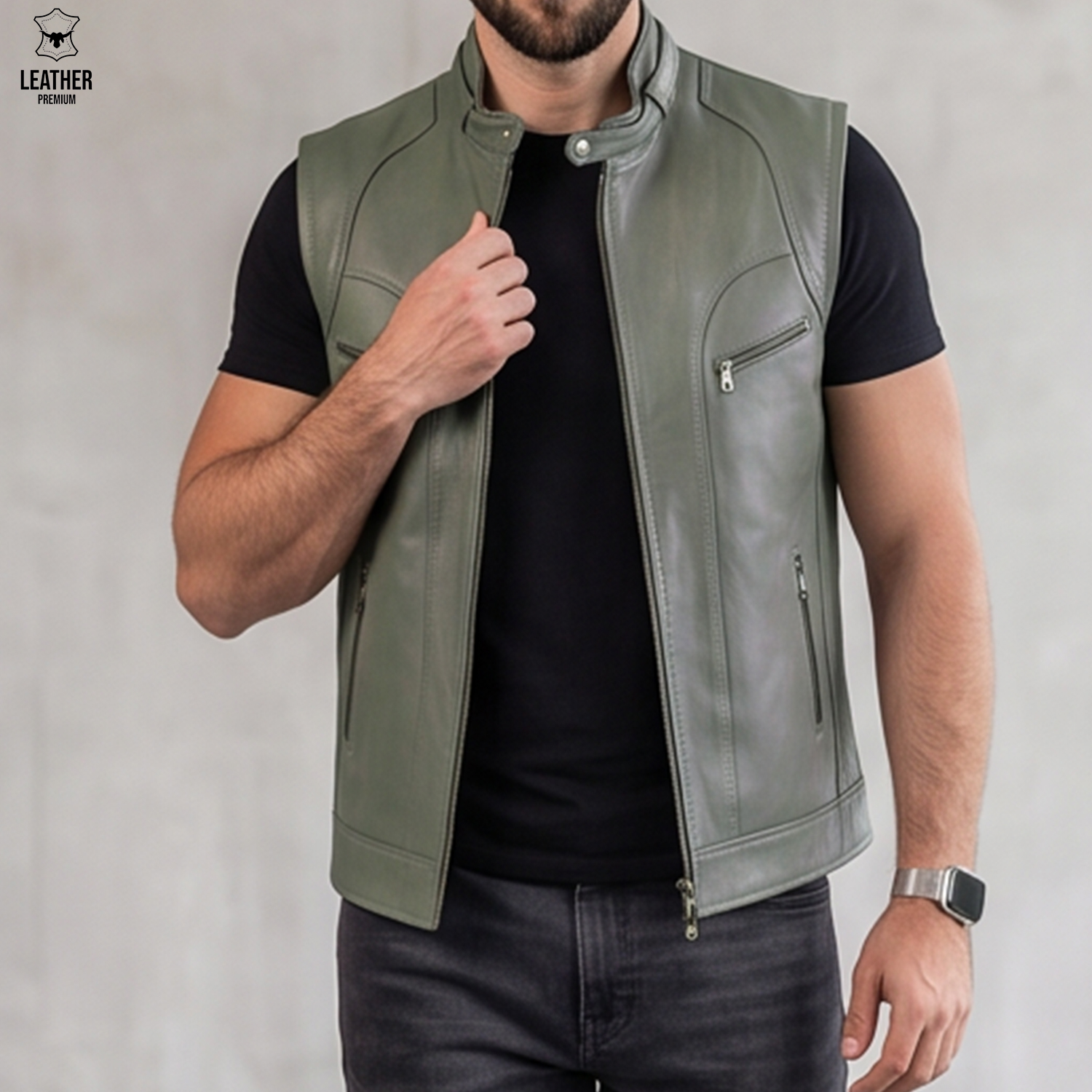 Gilet en cuir vert olive -Agneau- 909 3