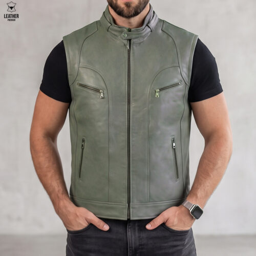 Gilet en cuir vert olive -Agneau- 909
