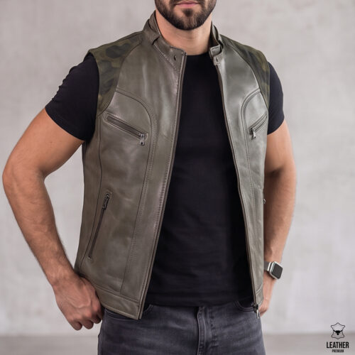 Gilet en cuir vert olive La Tranchée Militaire ref : GVO203 6 zefzeezfez