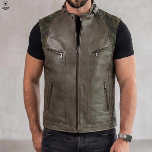 Gilet en cuir vert olive La Tranchée Militaire ref : GVO203