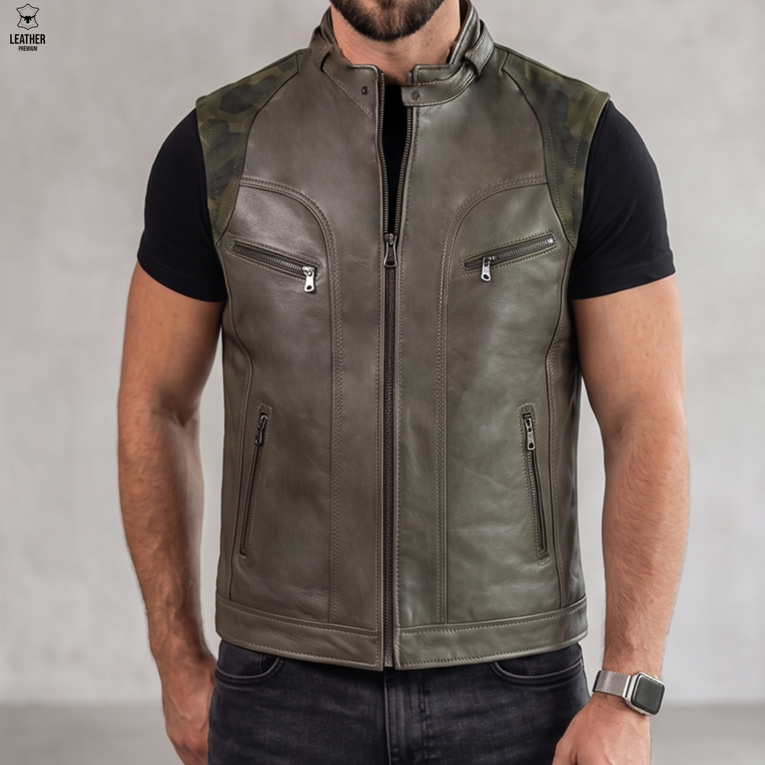 Gilet en cuir vert olive La Tranchée Militaire ref : GVO203 1 zefzefezf