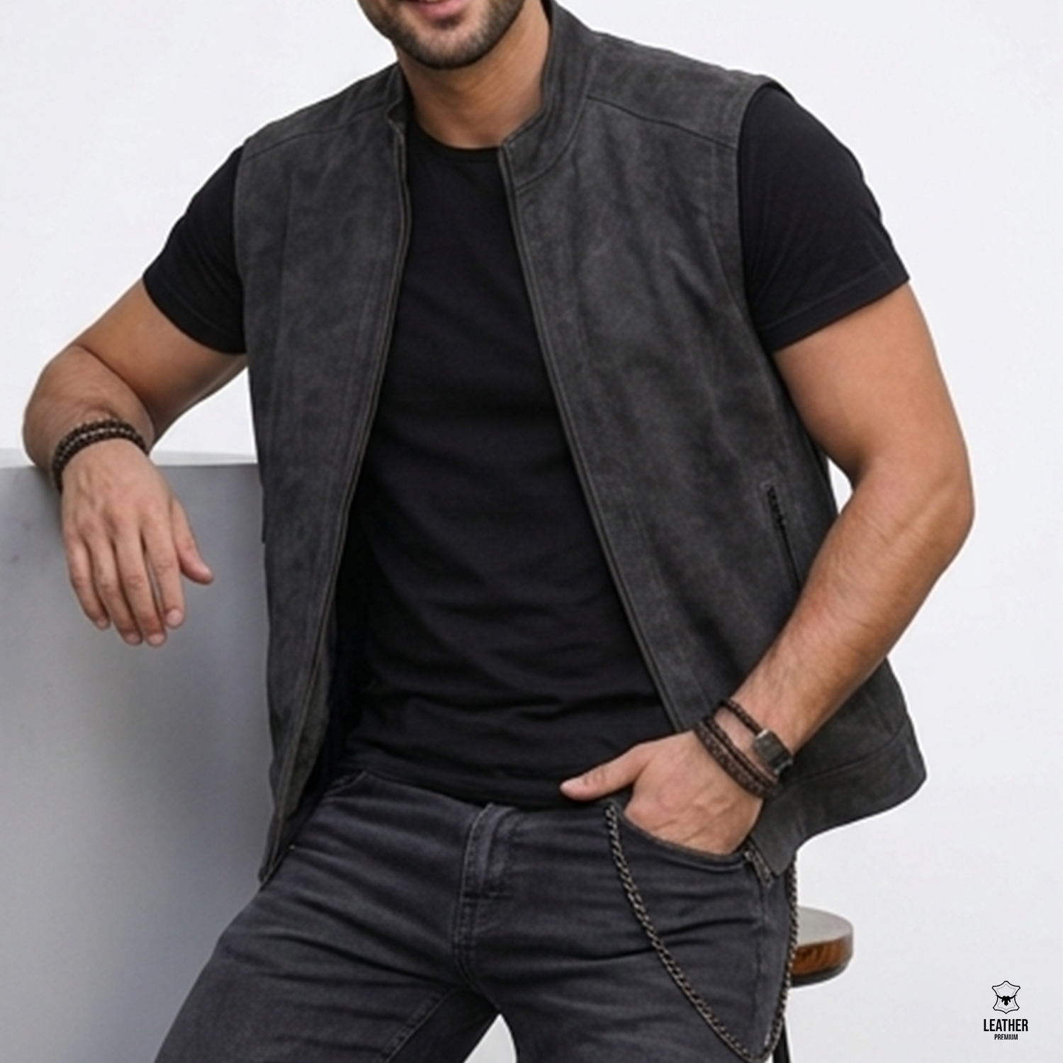 Gilet en cuir Nubuck Gris pour Hommes -494- 2 SDFSDFSDF 1