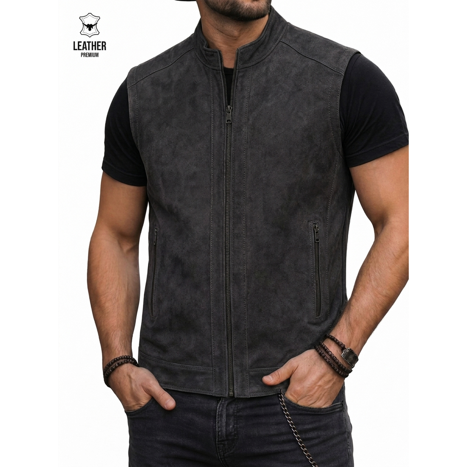 Gilet en cuir Nubuck Gris pour Hommes -494- 3 ZEFZEDEDF