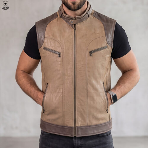 Gilet en cuir Beige Croco pour Hommes - ref : GBC200 - 5 aefaeaezdaz