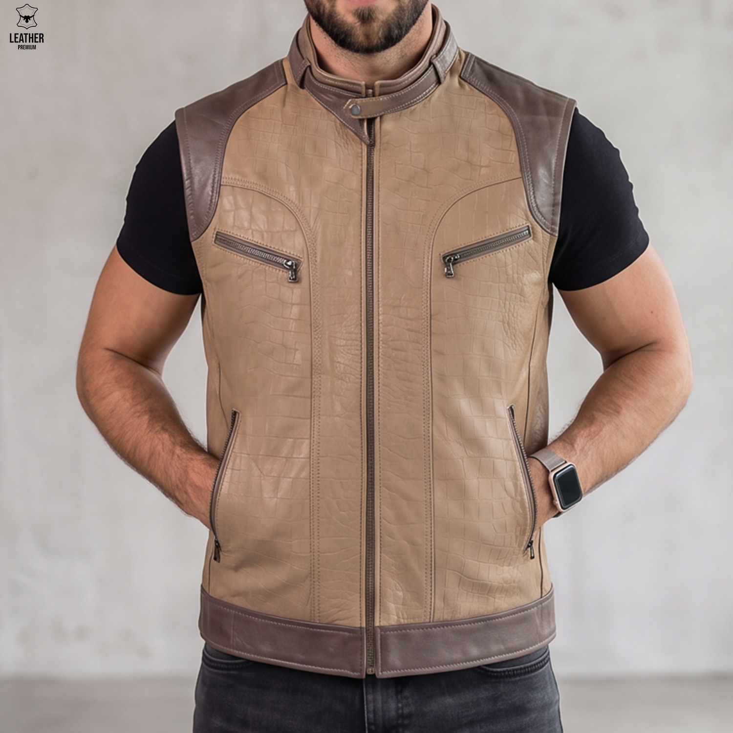 Gilet en cuir Beige Croco pour Hommes - ref : GBC200 - 3 aefaeaezdaz