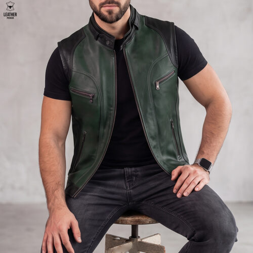Gilet en cuir d'agneau Vert foncé homme 7 Gilet en cuir vert d'Agneau pour Hommes – photo 3