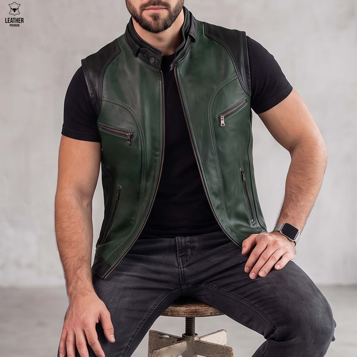 Gilet en cuir d'agneau Vert foncé homme 3 Gilet en cuir vert d'Agneau pour Hommes – photo 3