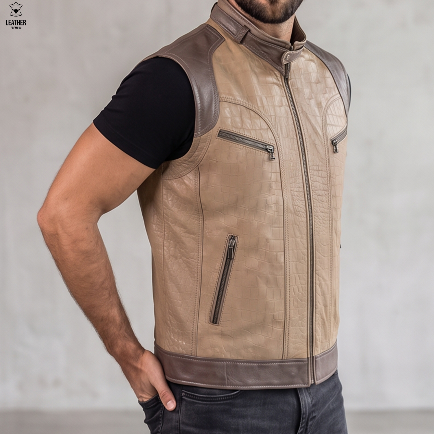 Gilet en cuir Beige Croco pour Hommes - ref : GBC200 - 2 azdazdza