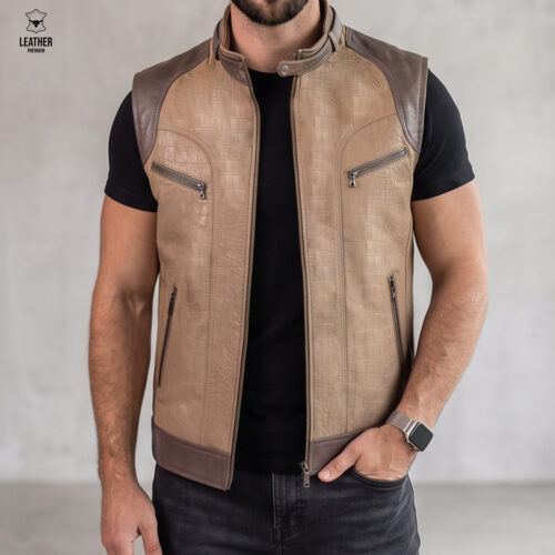 Gilet en cuir Beige Croco pour Hommes - ref : GBC200 -