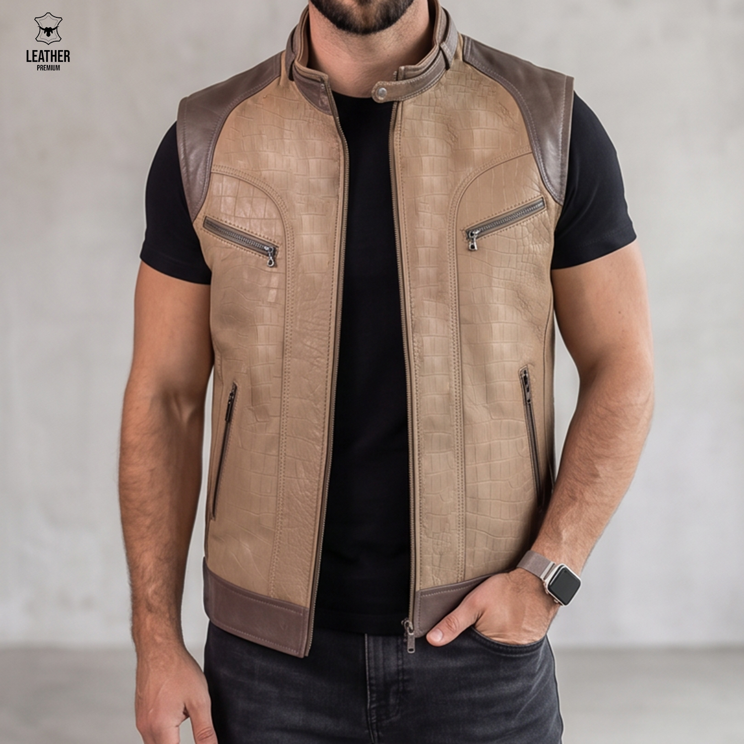 Gilet en cuir Beige Croco pour Hommes - ref : GBC200 - 1 azdazdzadz