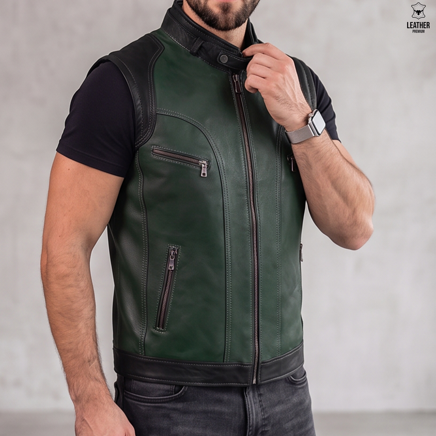 Gilet en cuir d'agneau Vert foncé homme 2 Gilet en cuir vert d'Agneau pour Hommes – photo 2