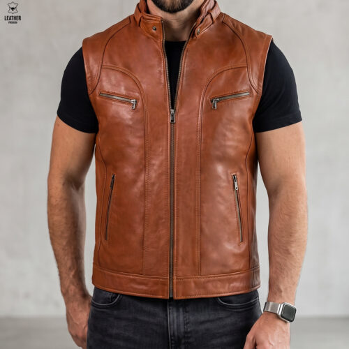 Gilet en cuir Tabac -Agneau : 202 – photo 4