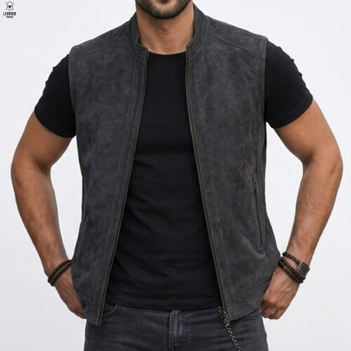 Gilet en cuir Nubuck Gris pour Hommes -494- 7 efzefez