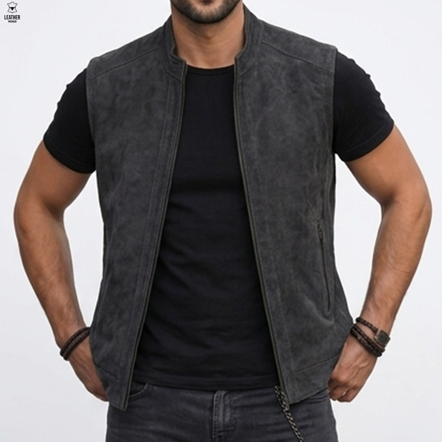 Gilet en cuir Nubuck Gris pour Hommes -494- 4 efzefez