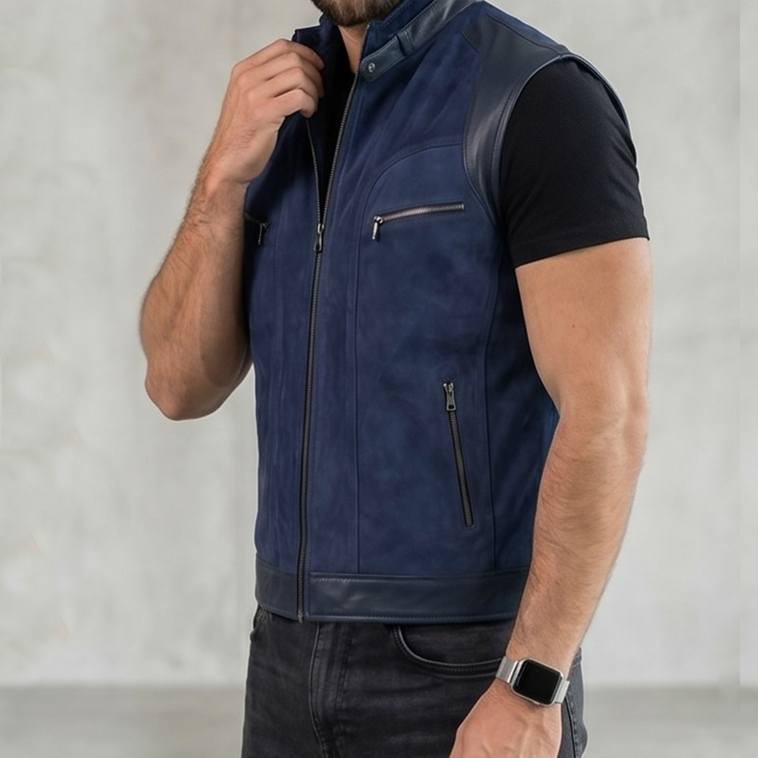 Gilet en cuir Bleu Daim pour Homme REF : BD5005 3 ezfezfezf