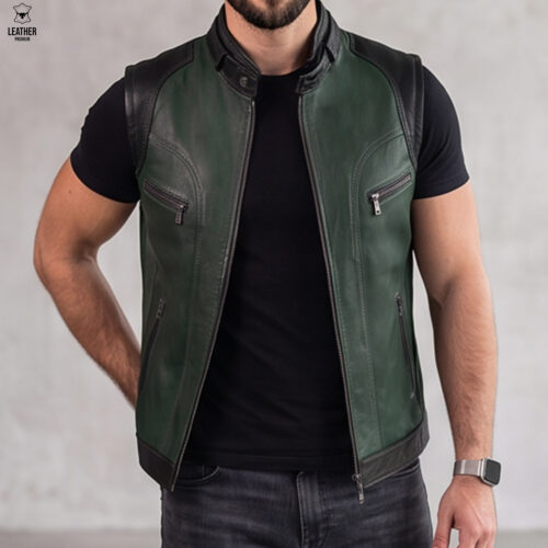 Gilet en cuir d'agneau Vert foncé homme 9 Gilet en cuir vert d'Agneau pour Hommes – photo 5