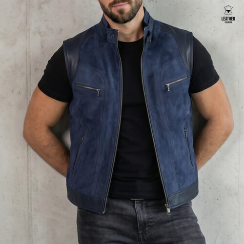 Gilet en cuir Bleu Daim pour Homme REF : BD5005 7 ezfzedfef