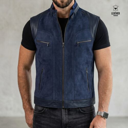 Gilet en cuir Bleu Daim pour Homme REF : BD5005