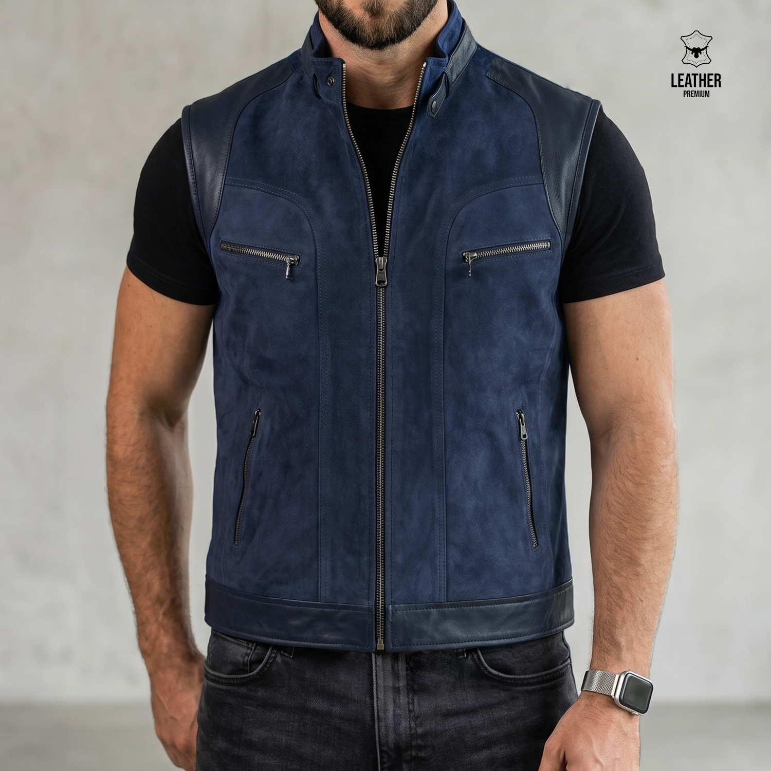 Gilet en cuir Bleu Daim pour Homme REF : BD5005 1 ezfzefezfe