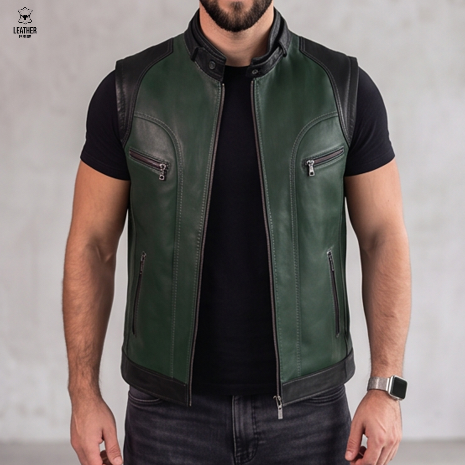 Gilet en cuir d'agneau Vert foncé homme 1 Gilet en cuir vert d'Agneau pour Hommes – photo 1