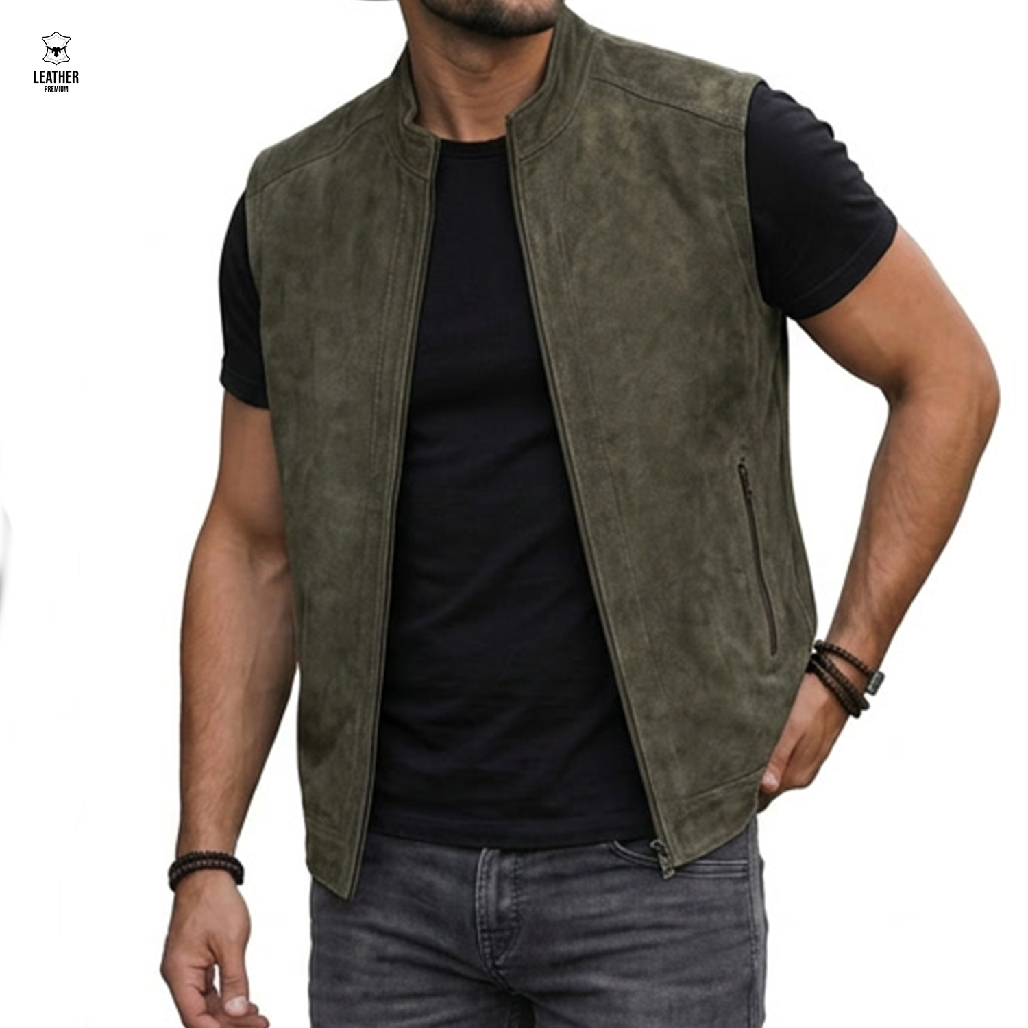 Gilet en cuir Nubuck Olive ref : 549 2 qdqsdqs 1