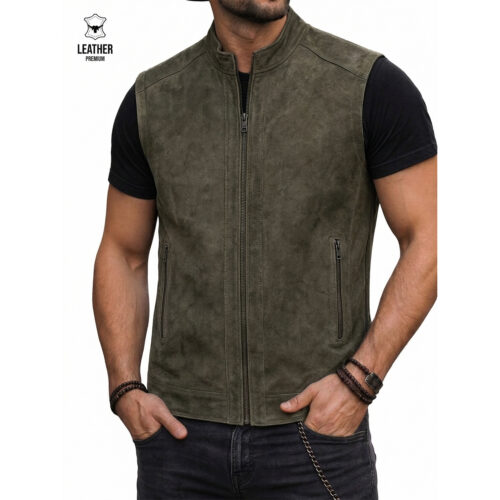 Gilet en cuir Nubuck Olive ref : 549