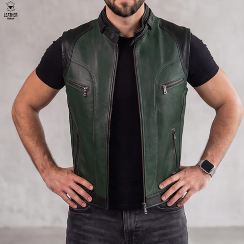 Gilet en cuir d'agneau Vert foncé homme 8 Gilet en cuir vert d'Agneau pour Hommes – photo 4