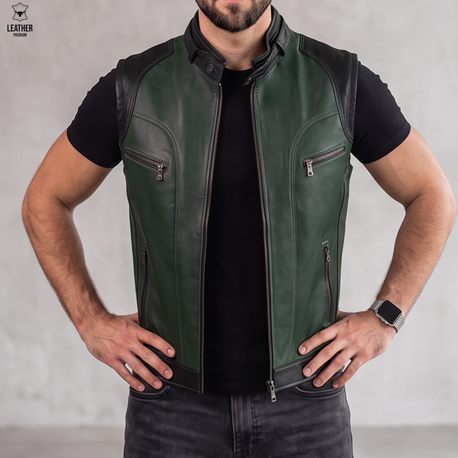 Gilet en cuir d'agneau Vert foncé homme 4 Gilet en cuir vert d'Agneau pour Hommes – photo 4