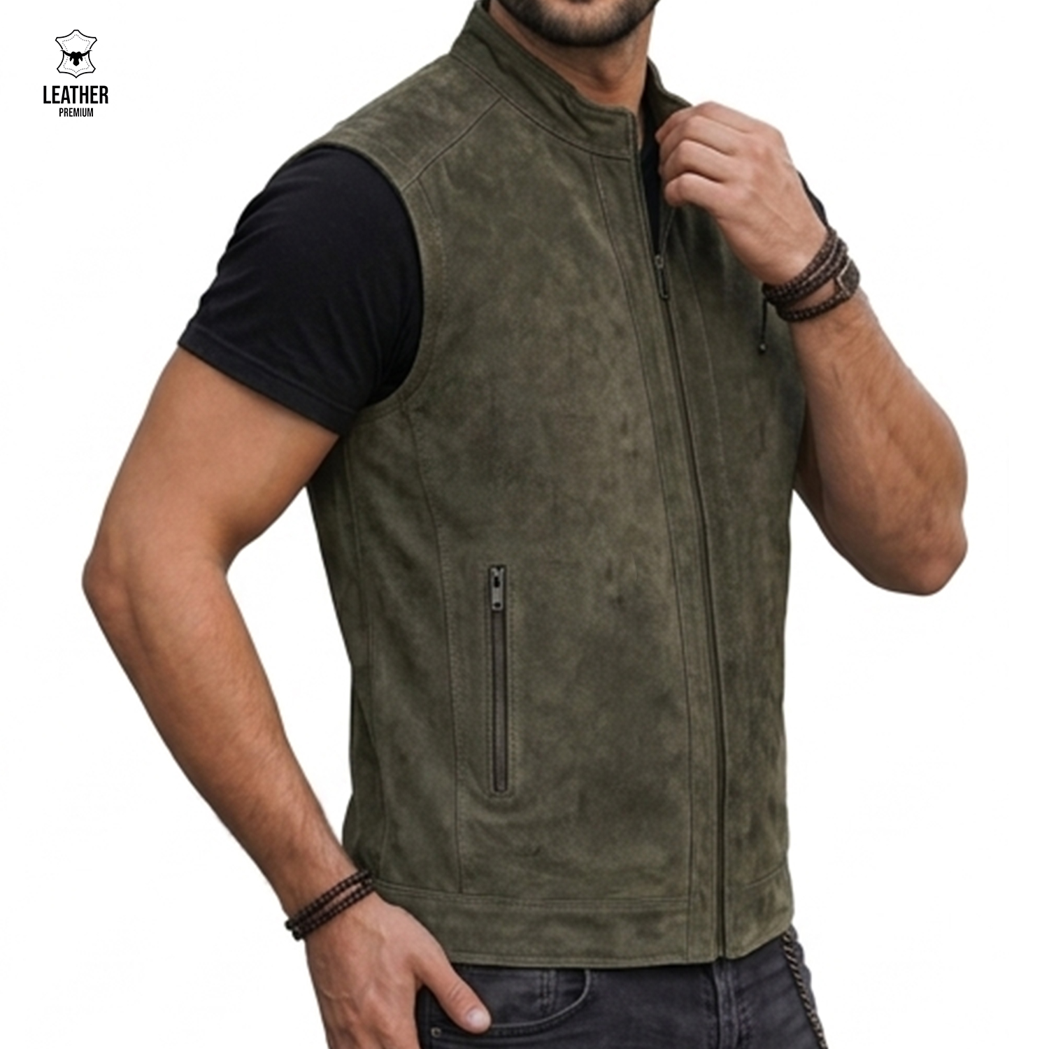 Gilet en cuir Nubuck Olive ref : 549 3 sddezded